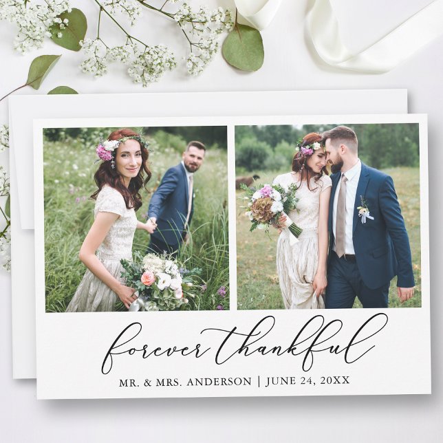 Tarjeta De Agradecimiento Minimalist Calligraphy Thankful 2 Photo Wedding (Customize to add text or more photos to back of card.)