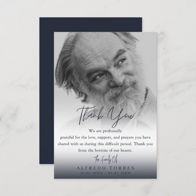 Tarjeta De Agradecimiento Minimalist Dark Blue Photo Funeral Sympathy  (Anverso / Reverso)