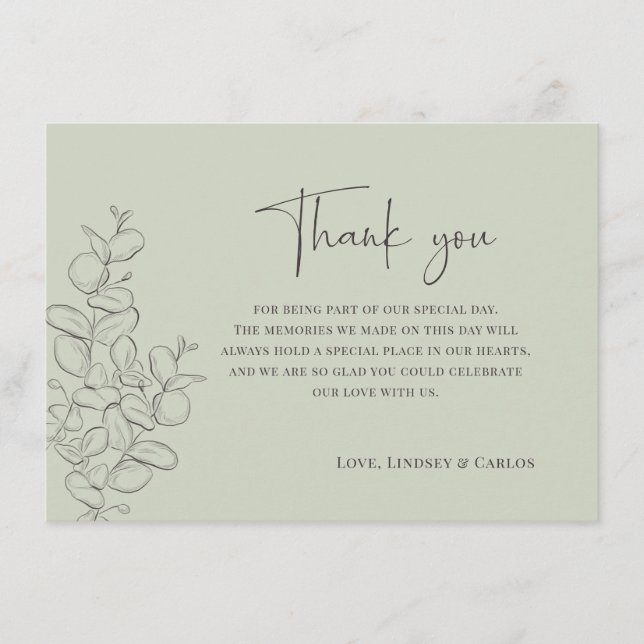 Tarjeta De Agradecimiento Minimalist handdrawn leaves green script wedding (Anverso)