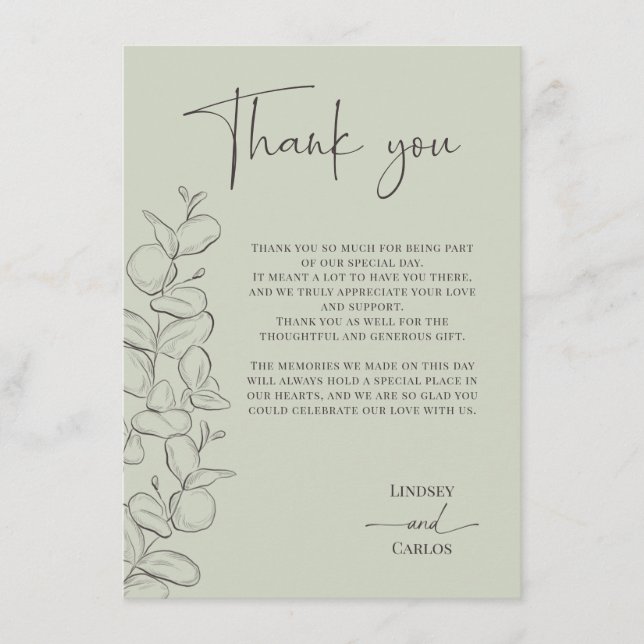 Tarjeta De Agradecimiento Minimalist handdrawn leaves green script wedding (Anverso)
