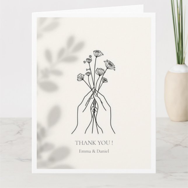 Tarjeta De Agradecimiento Minimalist Line Art Hands & Flowers Thank You Card (Anverso)