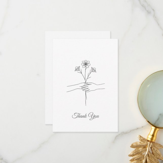 Tarjeta De Agradecimiento Minimalist Line Art Hands & Flowers Wedding Thank  (Anverso/Reverso In Situ)