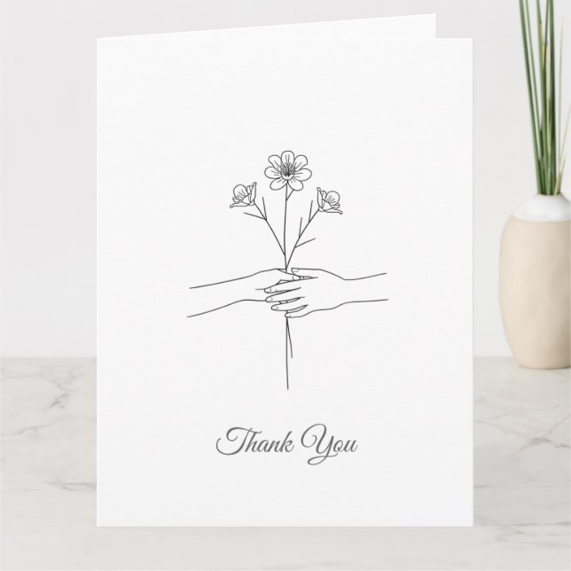 Tarjeta De Agradecimiento Minimalist Line Art Hands & Flowers Wedding Thank  (Anverso)