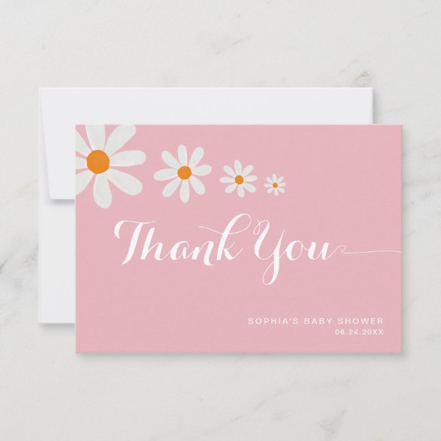 Tarjeta De Agradecimiento Minimalist Pink Daisy Flowers Girly Baby Shower (Anverso)