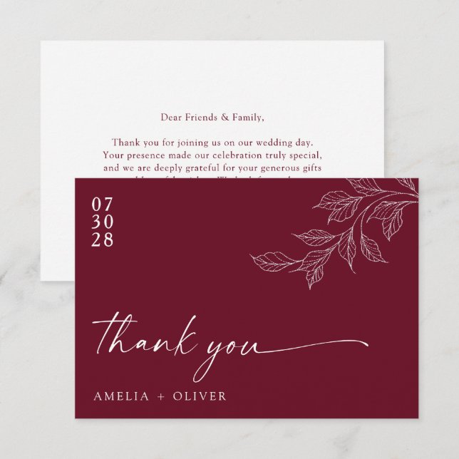 Tarjeta De Agradecimiento Minimalist Script Burgundy Botanical Wedding (Anverso / Reverso)