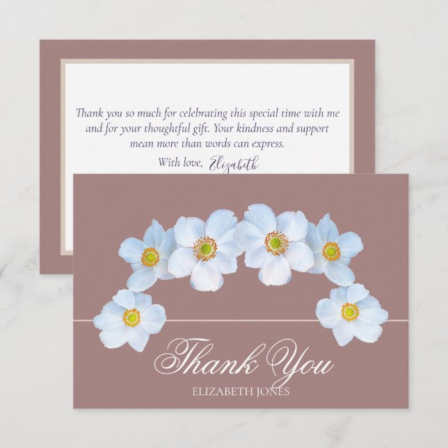 Tarjeta De Agradecimiento Minimalist White Anemone Bridal Shower Thank You (Anverso / Reverso)