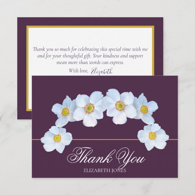 Tarjeta De Agradecimiento Minimalist White Anemone Bridal Shower Thank You (Anverso / Reverso)