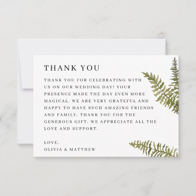 Tarjeta De Agradecimiento Minimalist Woodland Nature Wedding | Elegant Fern (Anverso)