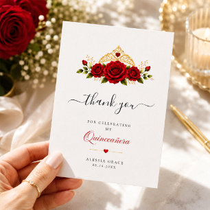 Tarjeta De Agradecimiento Minimalista Rosa Roja Floral Quinceañera Agradecim