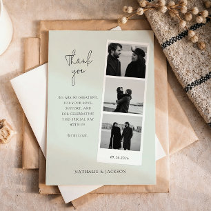Tarjeta De Agradecimiento Minimalista Sage Tres Tiras de Fotos Boda de Parej
