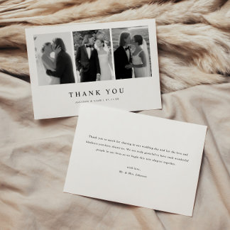 Tarjeta De Agradecimiento Minimalistic 3-Photo Black & White Wedding