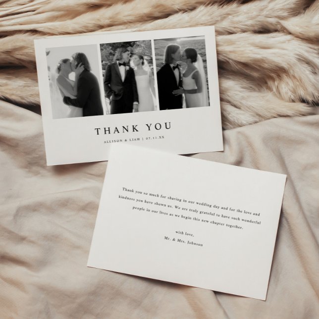 Tarjeta De Agradecimiento Minimalistic 3-Photo Black & White Wedding (Subido por el creador)