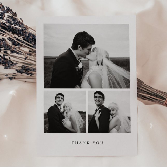 Tarjeta De Agradecimiento Minimalistic 3-Photo Wedding Black & White (Subido por el creador)
