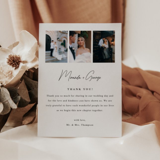 Tarjeta De Agradecimiento Minimalistic Modern Script 3-Photo Wedding (Subido por el creador)