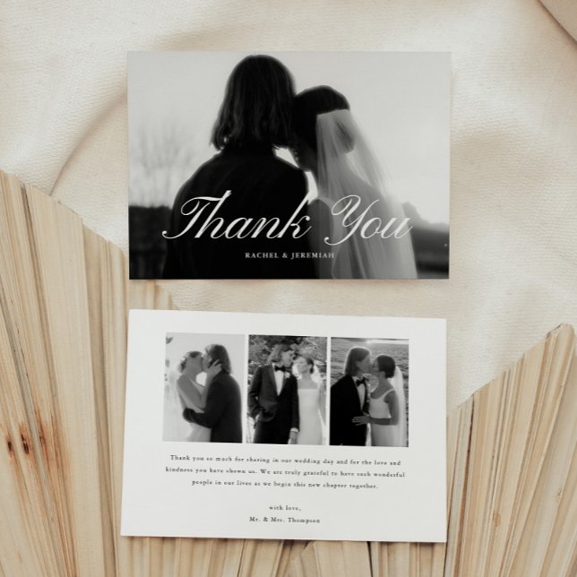 Tarjeta De Agradecimiento Minimalistic Script 3-Photo Black & White Wedding (Subido por el creador)