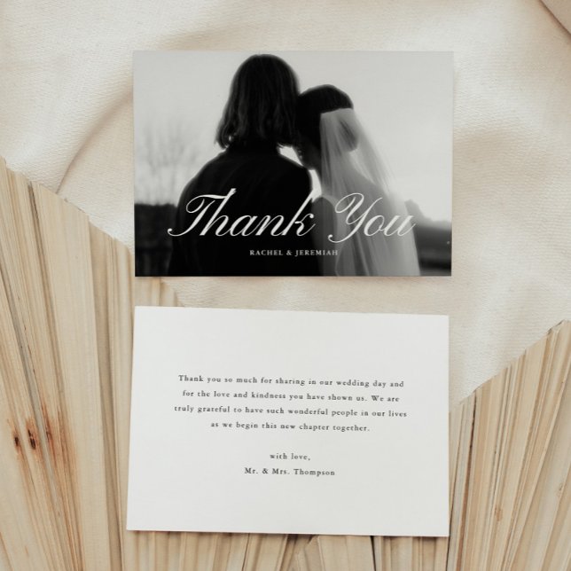 Tarjeta De Agradecimiento Minimalistic Script Black & White Wedding Photo (Subido por el creador)