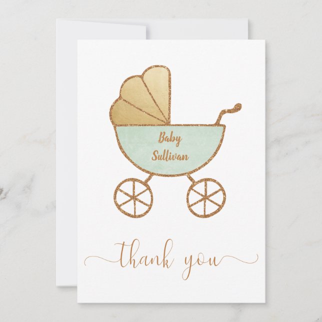 Tarjeta De Agradecimiento Mínimo Baby Shower Retro Carriage Mint Gold (Anverso)