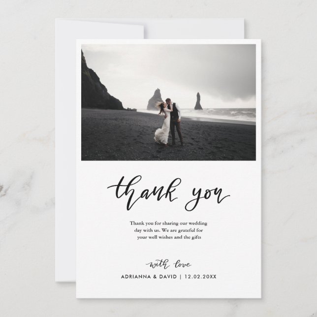 Tarjeta De Agradecimiento Mínimo Gracias Script Boda Foto Pareja (Anverso)