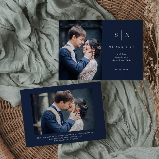 Tarjeta De Agradecimiento Mínimo y Moda | Boda de dos fotos de Navy Blue (Subido por el creador)