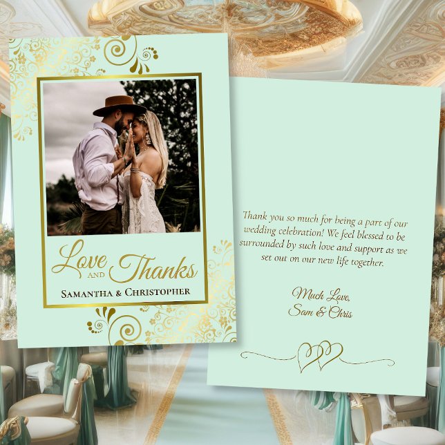 Tarjeta De Agradecimiento Mint Green & Gold Love & Gracias Photo Note Boda (Front/Back)