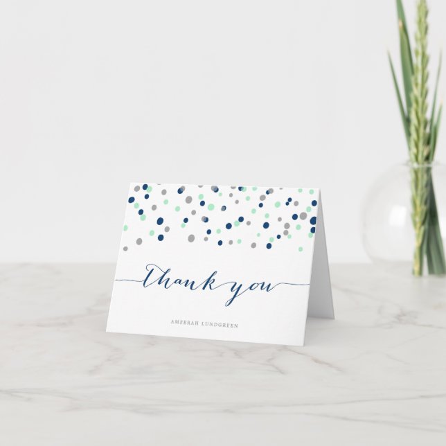 Tarjeta de agradecimiento Mint & Navy Confetti Dot (Anverso)