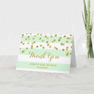 Tarjeta De Agradecimiento Mint Stripes Gold Confetti Baby Shower Gracias