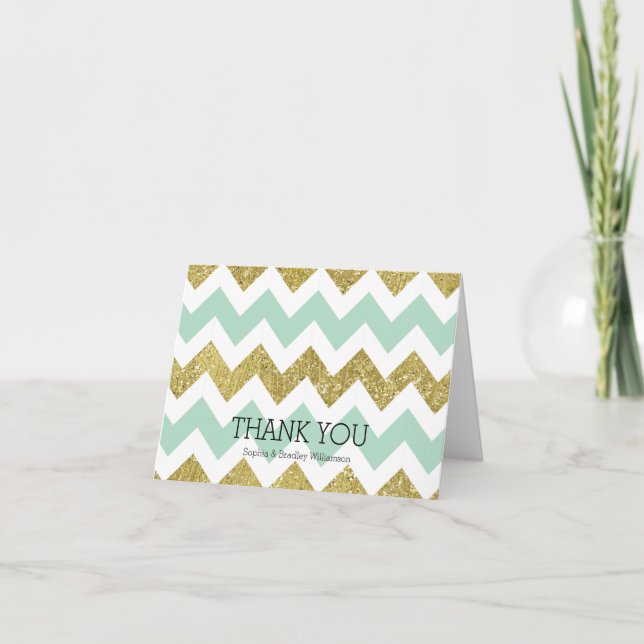 Tarjeta De Agradecimiento Mint y Gold Faux Purpurina Chevron Gracias (Anverso)