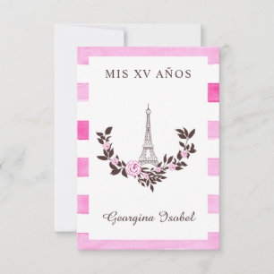 Tarjeta De Agradecimiento Mis Quince años Diseño Floral París Rayas Rosa