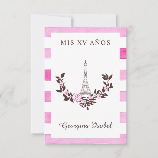 Tarjeta De Agradecimiento Mis Quince años Diseño Floral París Rayas Rosa (Anverso)