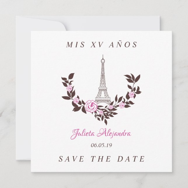 Tarjeta De Agradecimiento Mis Quince años Floral París Rosa Español (Anverso)