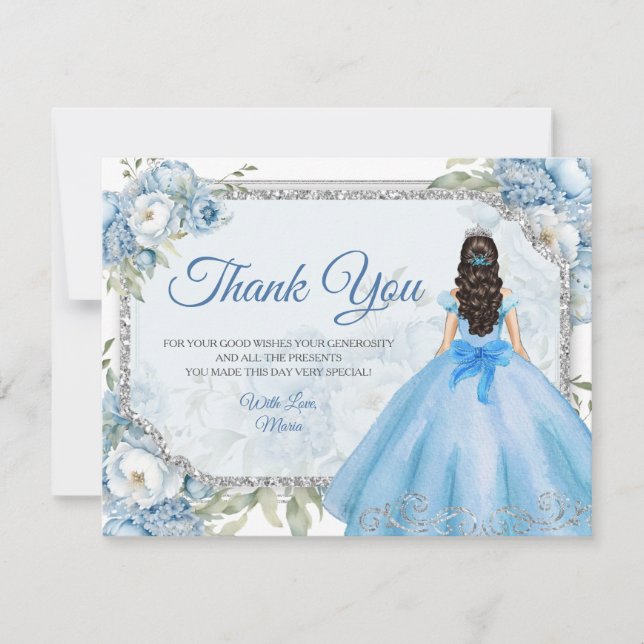Tarjeta De Agradecimiento Mis Quince Blue Floral Silver Crown Quinceañera (Anverso)