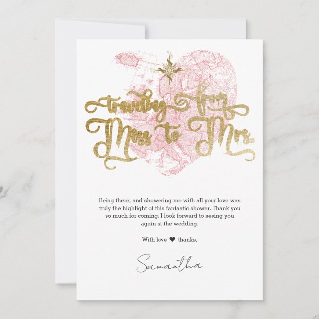 Tarjeta De Agradecimiento Miss a la señora Moda Heart Map Travel Bridal Show (Anverso)