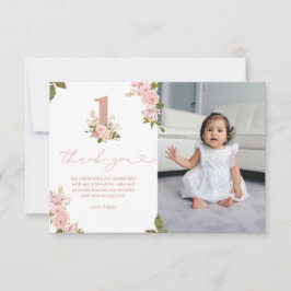 Tarjeta De Agradecimiento Miss Pequeña Floral Rosa Primer Cumpleaños