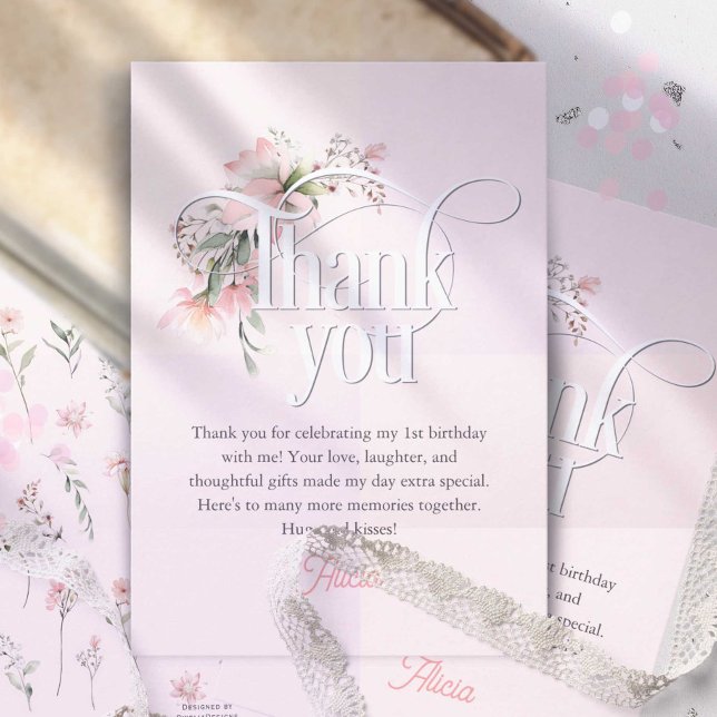 Tarjeta De Agradecimiento Miss Pequeña Rosa Onemaravilloso Chica Cute Primer (Pink wildflower, little miss onederful 1st birthday thank you cards)