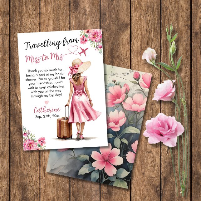 Tarjeta De Agradecimiento Miss To Mrs Travel Pink Bow Vestido Bridal Shower (Subido por el creador)