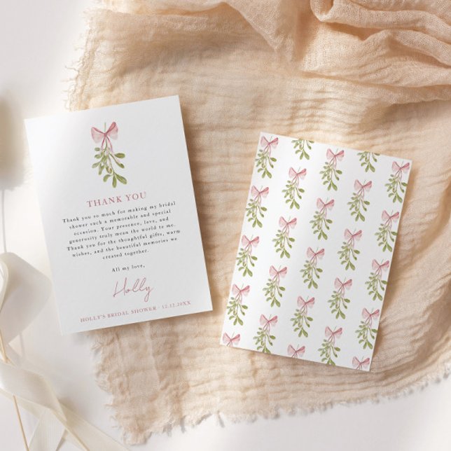 Tarjeta De Agradecimiento Mistletoe Dusty Rosa Bow Bridal Shower (Subido por el creador)