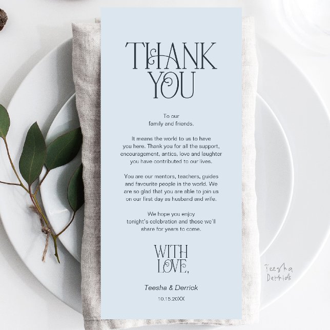Tarjeta de agradecimiento Misty Blue para la decor (Modern Minimalist Wedding Dinner Place Setting Thank You Misty Blue Card)