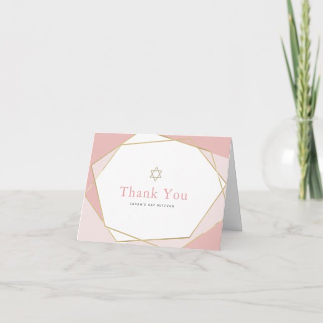 Tarjeta De Agradecimiento Mitzvah con gota de oro y rosado geométrico (Anverso)