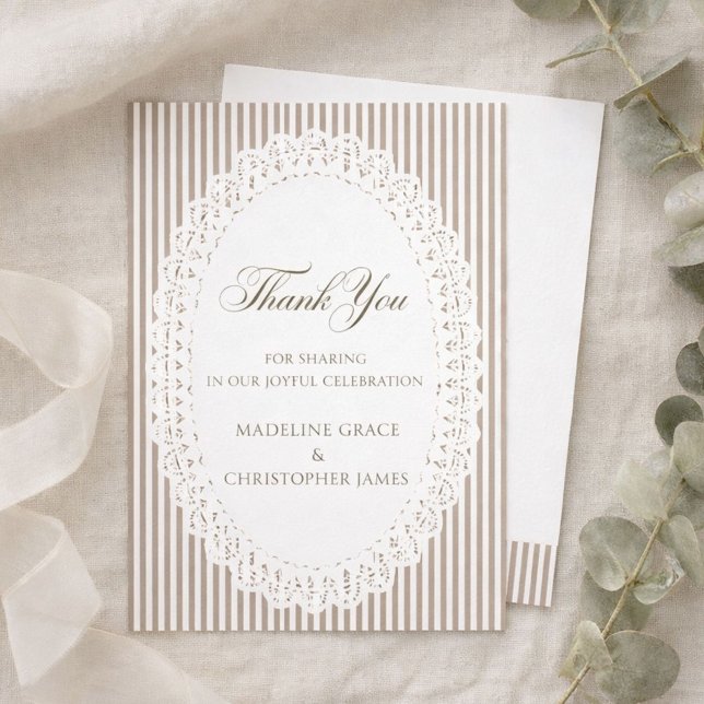 Tarjeta De Agradecimiento Mocha Brown Stripe Lace Doily Wedding Thank You (Subido por el creador)