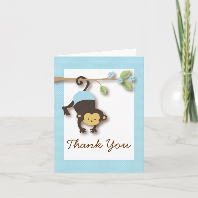 Tarjeta De Agradecimiento Mod Monkey Baby Boy Blue Gracias Card (Anverso)