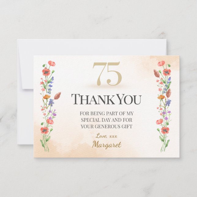 Tarjeta De Agradecimiento Moda 75º cumpleaños - Diseño de Flor Silvestre (Anverso)