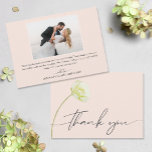Tarjeta De Agradecimiento Moda acuarela Boda de flor foto<br><div class="desc">Gracias en letras de moda con una hermosa flor blanca en el frente,  estas tarjetas de agradecimiento de boda rosa rubor incluyen tu foto y mensaje en la parte de atrás. COINCIDIENDO elementos de nuestra colección.</div>