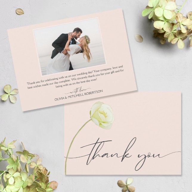 Tarjeta De Agradecimiento Moda acuarela Boda de flor foto (Watercolor flower on front, your photo and message on the back of flat wedding thank you cards)