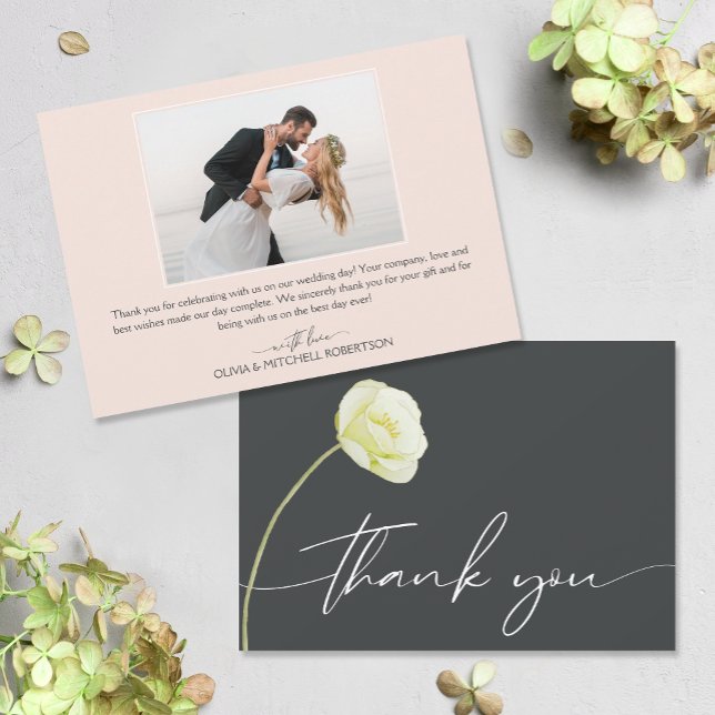 Tarjeta De Agradecimiento Moda acuarela Boda de flor foto (Watercolor flower on front, your photo and message on the back of flat wedding thank you cards)