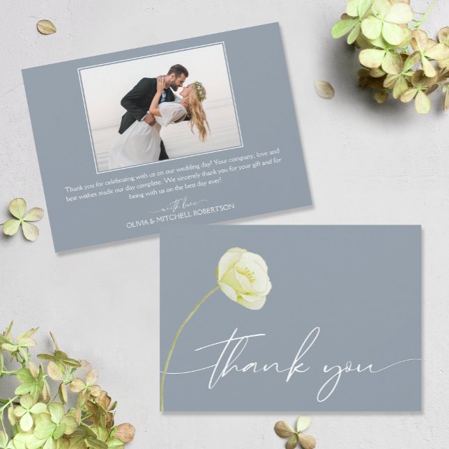Tarjeta De Agradecimiento Moda acuarela Boda de flor foto (Watercolor flower on front, your photo and message on the back of flat wedding thank you cards)