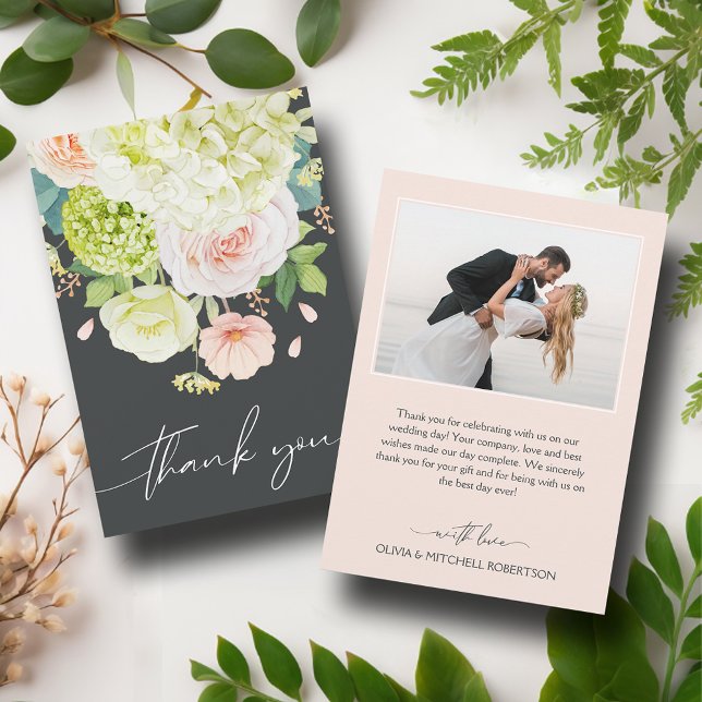 Tarjeta De Agradecimiento Moda acuarela Florals Boda Foto (Chic Watercolor Florals Wedding Photo Thank You Cards)