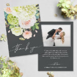 Tarjeta De Agradecimiento Moda acuarela Florals Boda Foto<br><div class="desc">Hermosa acuarela de hortensias blancas y verdes con rosas rosas y cremas,  margaritas,  flores pequeñas y hojas aparecen en la parte delantera de esta luz de boda negro anónimo tarjetas de agradecimiento. Tu foto y mensaje están impresos en la parte posterior. COINCIDIENDO elementos de nuestra colección.</div>