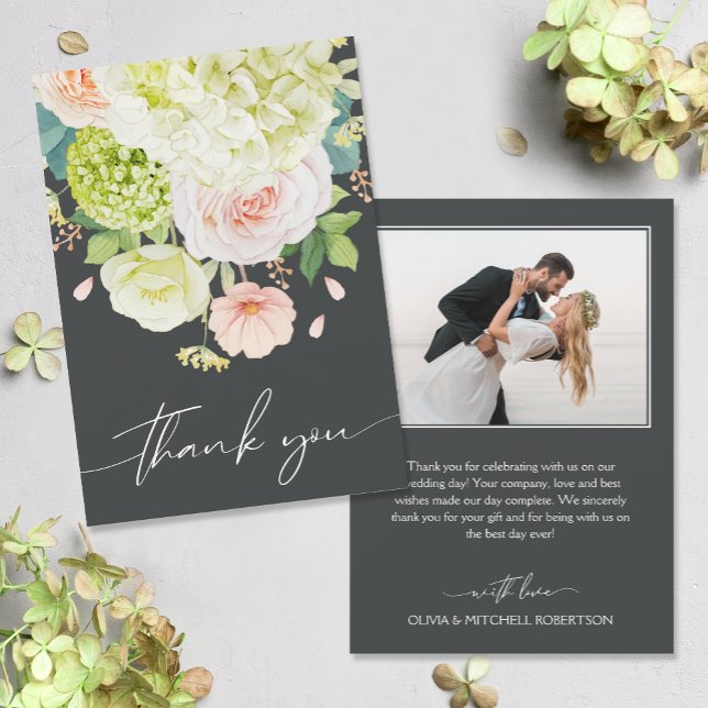 Tarjeta De Agradecimiento Moda acuarela Florals Boda Foto (Watercolor florals on front and your photo and message on the back, flat wedding thank you cards)