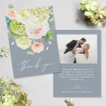Tarjeta De Agradecimiento Moda acuarela Florals Boda Foto<br><div class="desc">Hermosa acuarela de hortensias blancas y verdes con rosas rosados y crema,  margaritas,  flores pequeñas y hojas aparecen en la parte delantera de estos polvorientos bodas azules tarjetas de agradecimiento. Tu foto y mensaje están impresos en la parte posterior. COINCIDIENDO elementos de nuestra colección.</div>