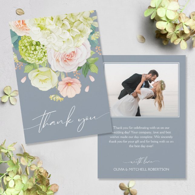 Tarjeta De Agradecimiento Moda acuarela Florals Boda Foto (Watercolor florals on front, your photo and message on the back of flat wedding thank you cards)